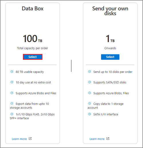 创建 Data Box 导出订单时可用的 Data Box 容量选项的屏幕截图。