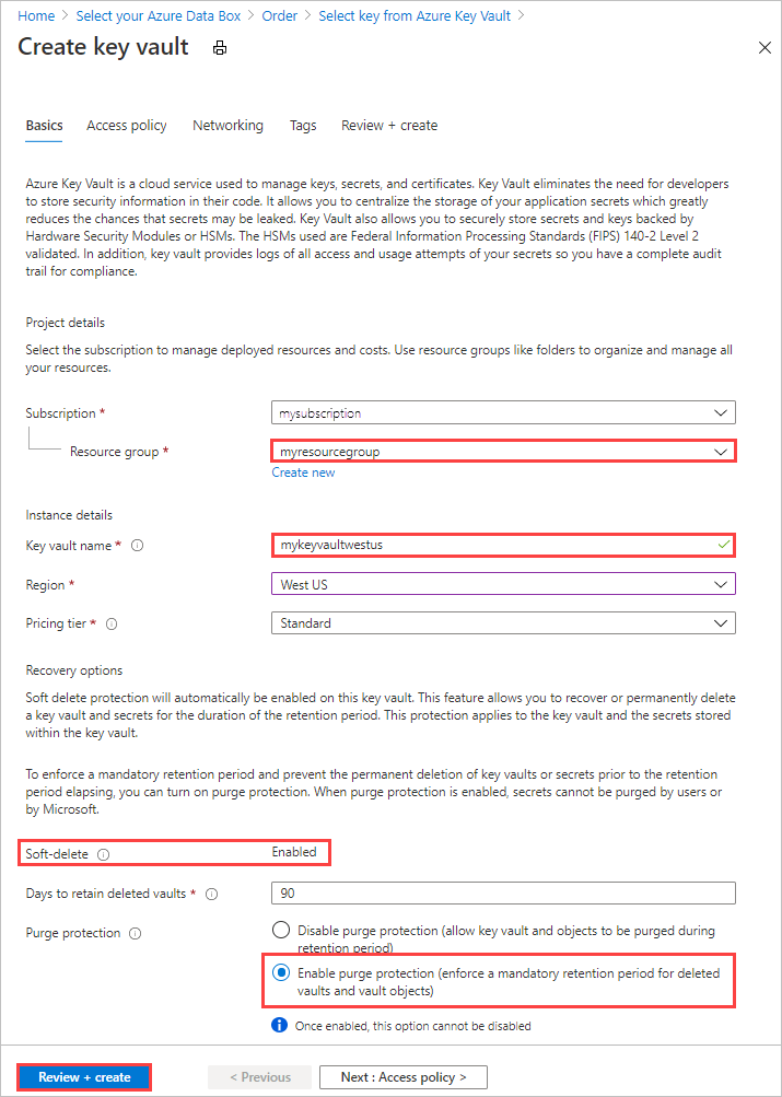 屏幕截图展示了用于为 Data Box 订单创建新的 Azure Key Vault 的选项。
