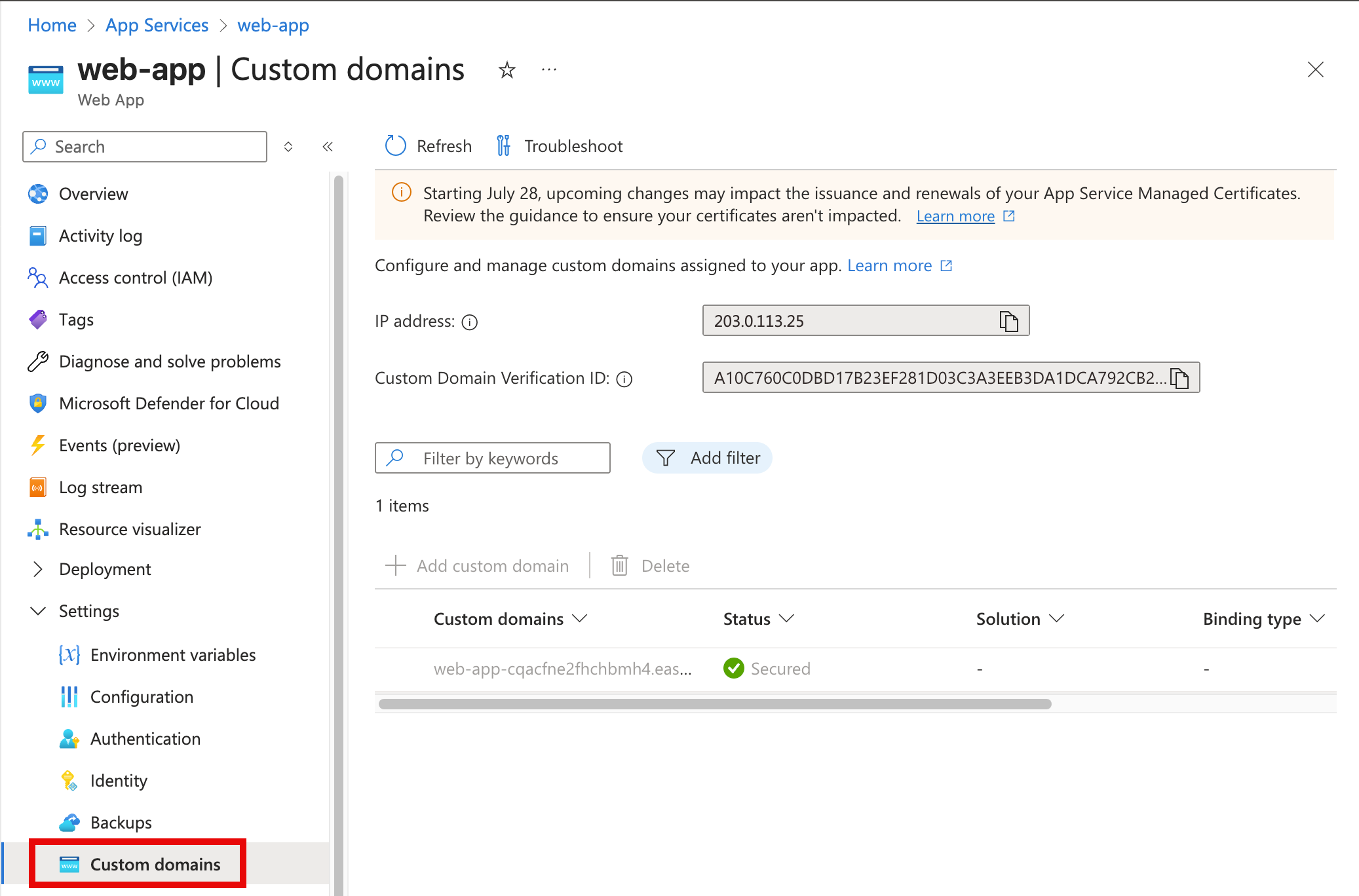 显示 web 应用 IP 地址的“Azure 应用服务自定义域”页的屏幕视图。