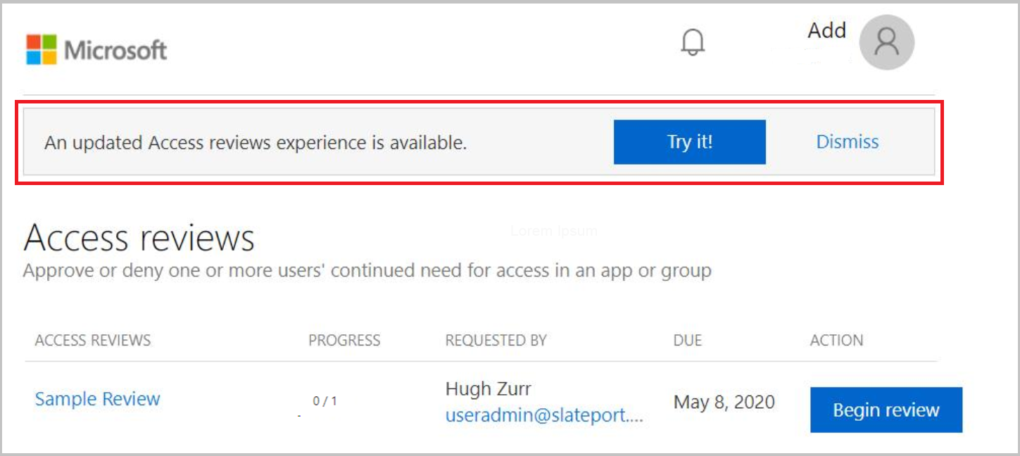 应用和组的待处理访问审核列表，其中在预览版中显示了“新体验已上线”横幅