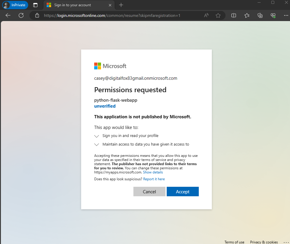 展示示例应用程序请求同意以访问所需权限的图表。