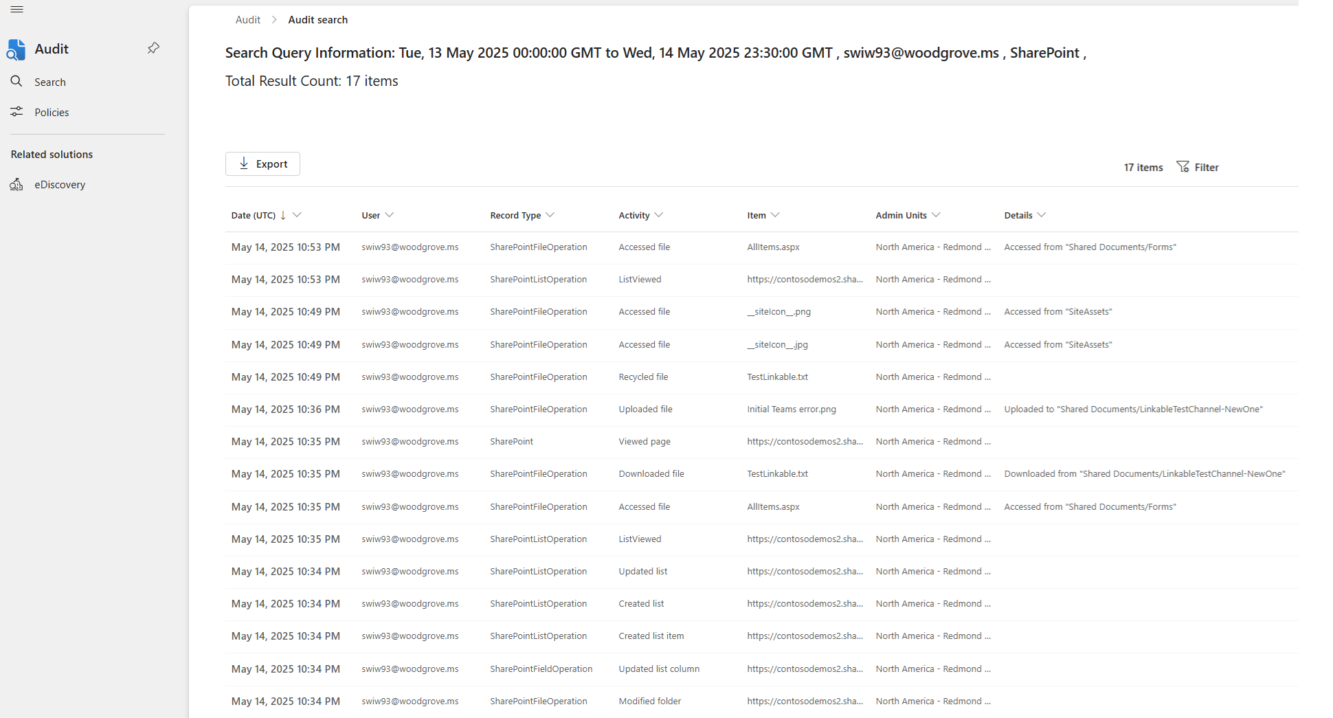 Microsoft Purview 门户的屏幕截图，其中显示了 SharePoint Online 的审核日志结果。