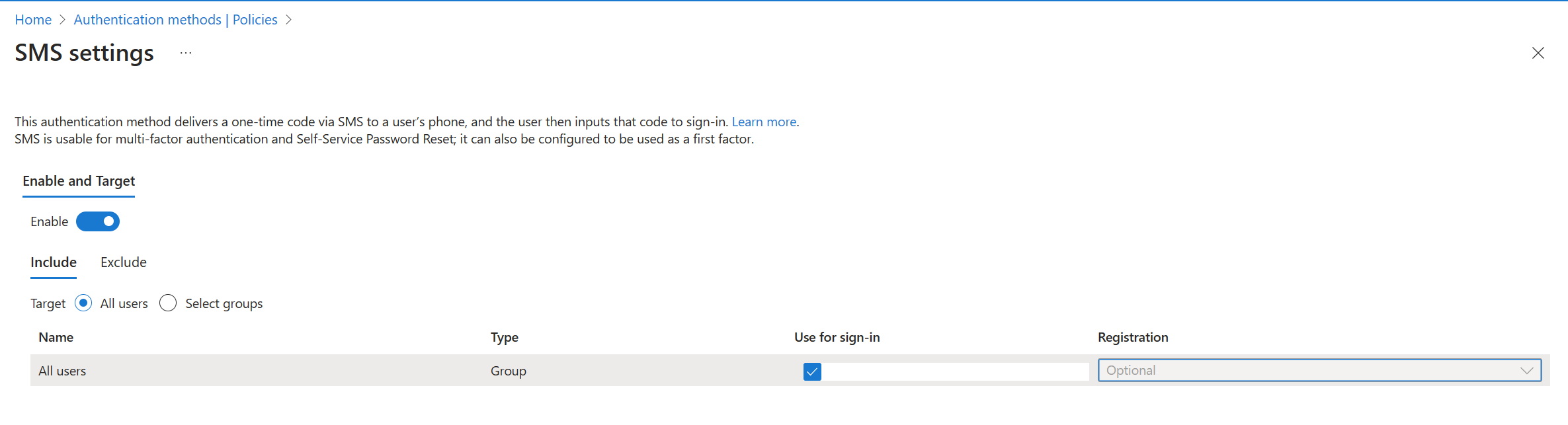 在身份验证方法策略窗口中启用短信身份验证
