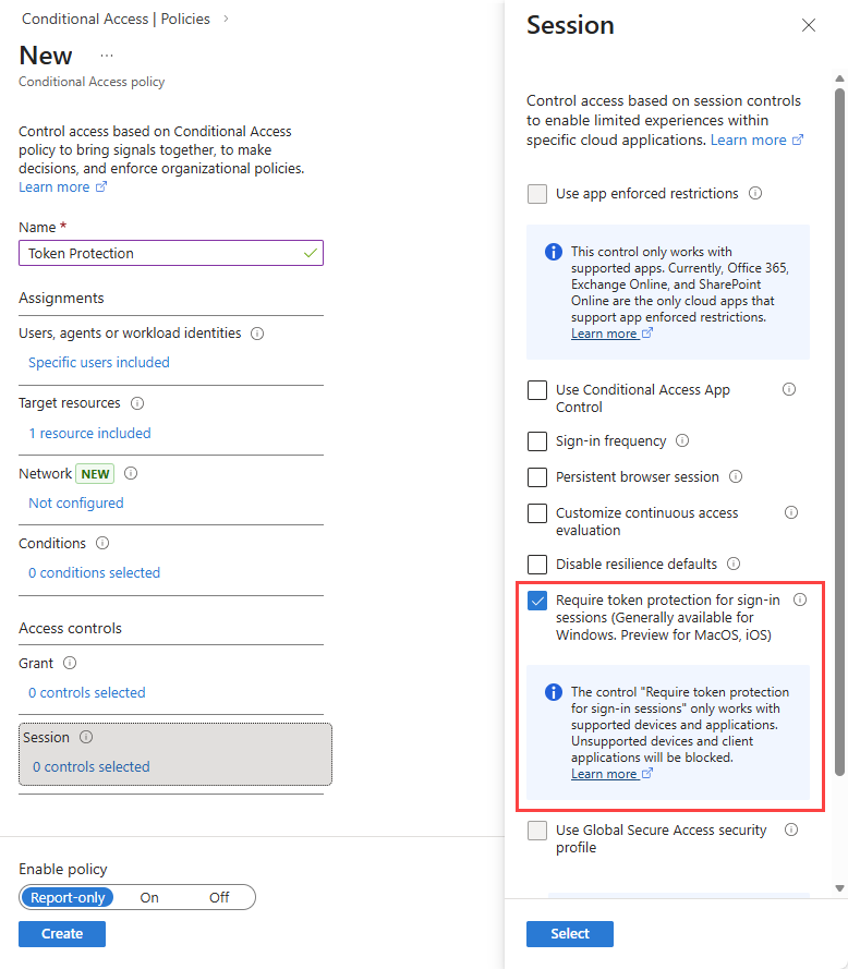 需要令牌保护作为会话控制的条件访问策略的屏幕截图。