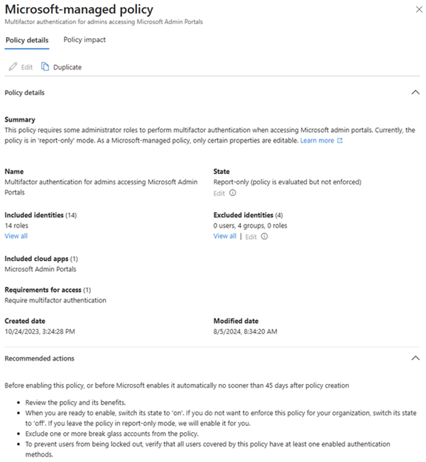 Microsoft Entra 管理中心中 Microsoft 托管的条件访问策略的屏幕截图。