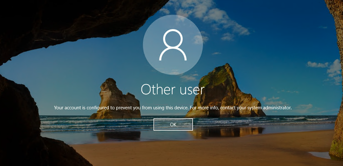 显示帐户被配置为阻止你使用此设备的消息的屏幕截图。
