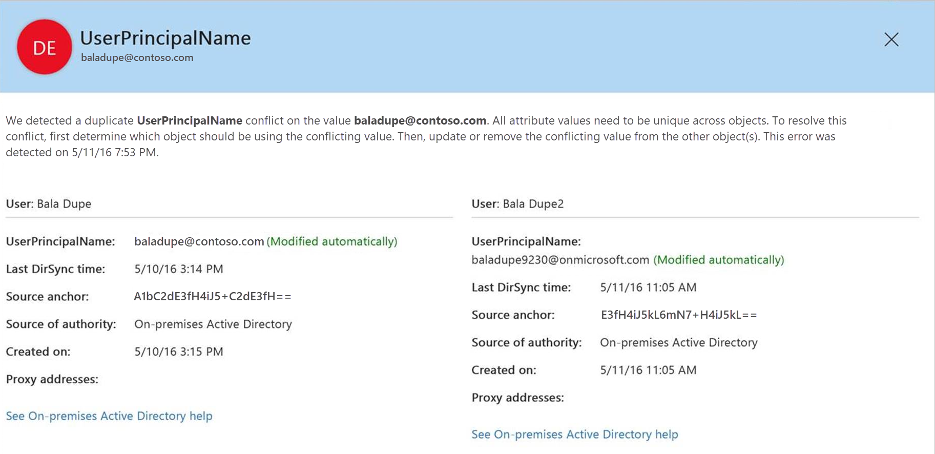 该屏幕截图显示了 Microsoft 365 管理中心中目录同步错误。