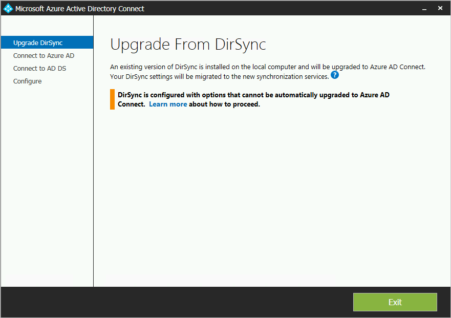 显示由于 DirSync 配置而阻止升级的屏幕截图。