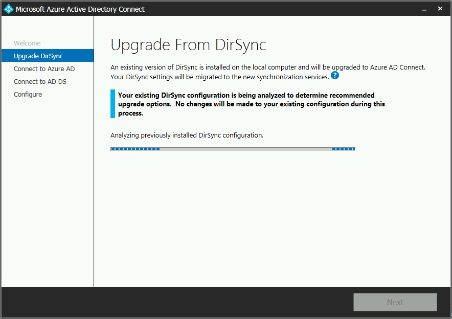 显示分析现有 DirSync 安装时 Microsoft Entra Connect 的屏幕截图。