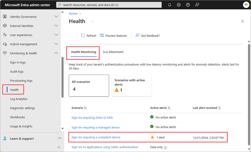 Microsoft Entra Health 主页的屏幕截图。