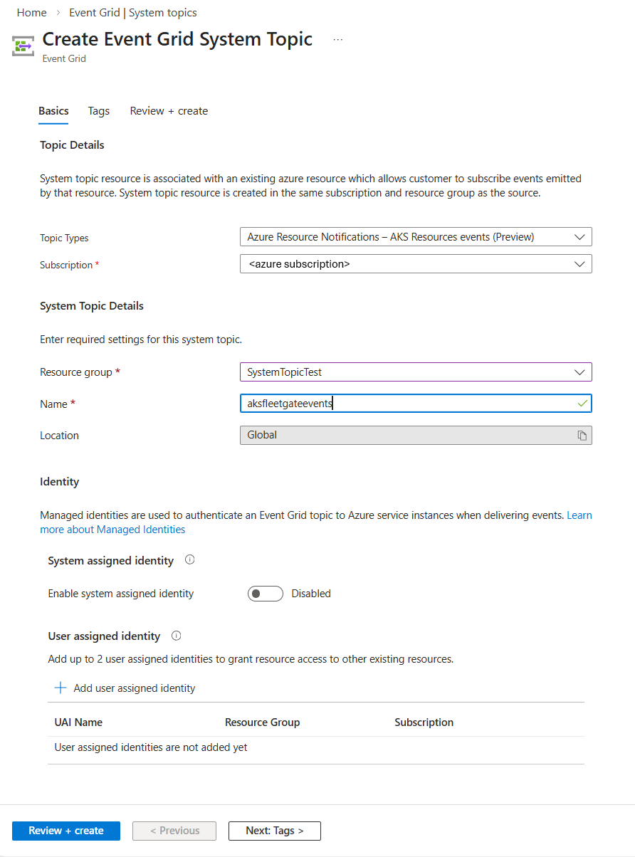 显示 Azure 门户中包含详细信息的完整“创建主题”页的屏幕截图。