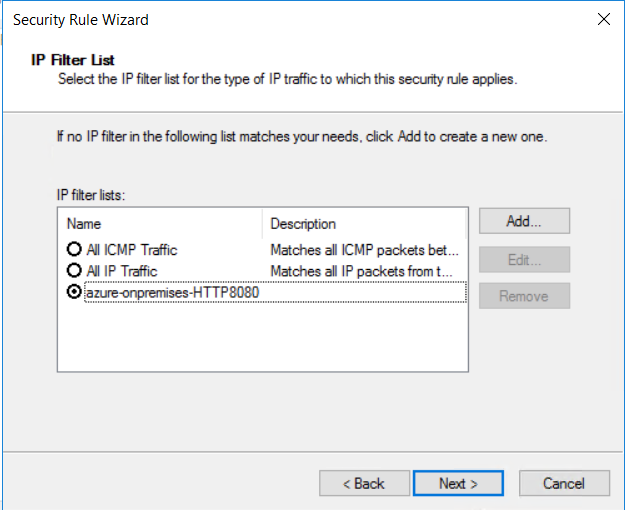 选择现有 IP 筛选器列表的屏幕截图。
