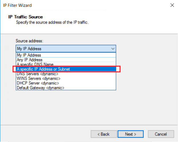 选择源子网地址的屏幕截图。