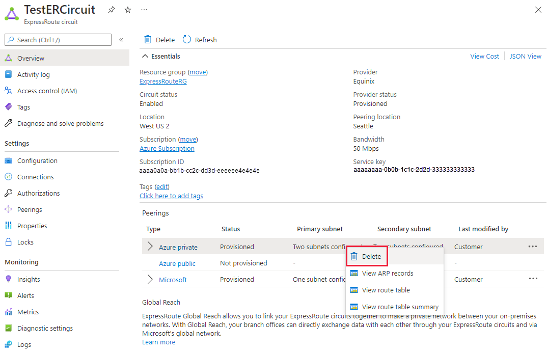 显示如何删除专用对等互连的屏幕截图。