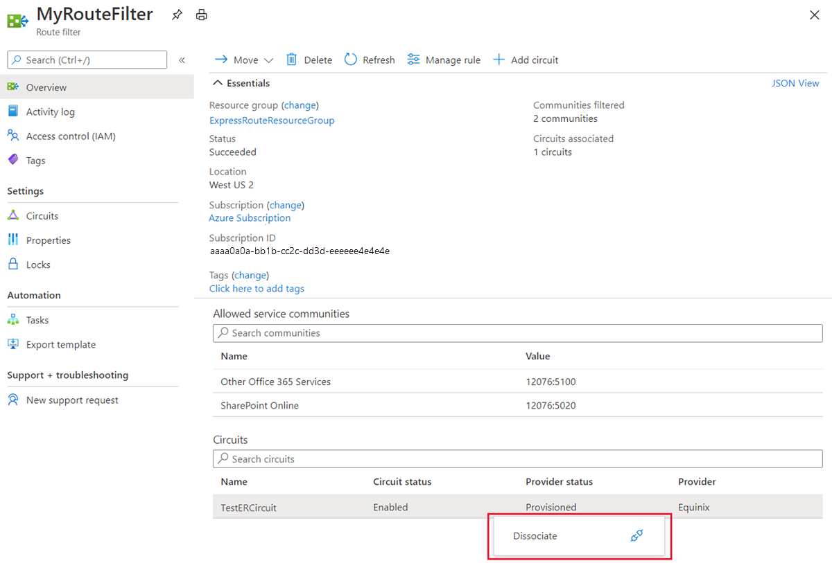 显示“概述”页的屏幕截图，其中突出显示了“取消关联”作。