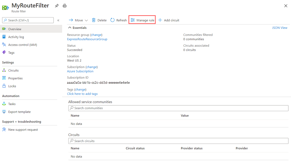显示“概述”页的屏幕截图，其中突出显示了“管理规则”作。
