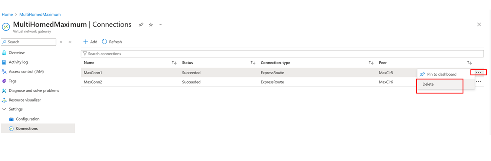 删除 ExpressRoute 网关连接的屏幕截图。
