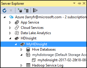 存储帐户、HDInsight 群集、服务器资源管理器、Visual Studio。
