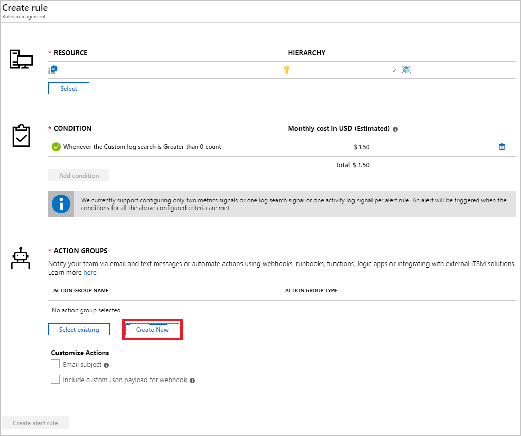 警报规则创建新的动作组。