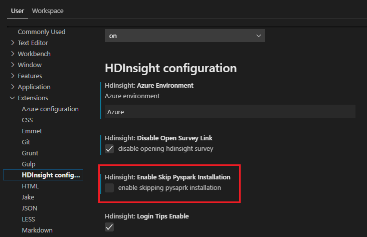 屏幕截图显示启用“跳过 PySpark 安装”选项。