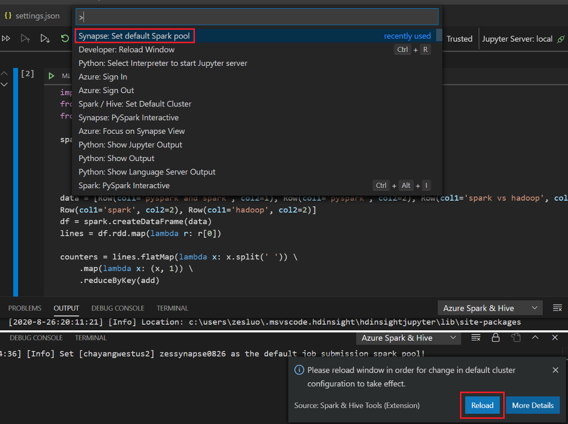 设置默认 Spark 池并重新加载。