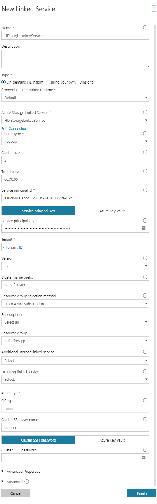 为 HDInsight 关联服务提供值。