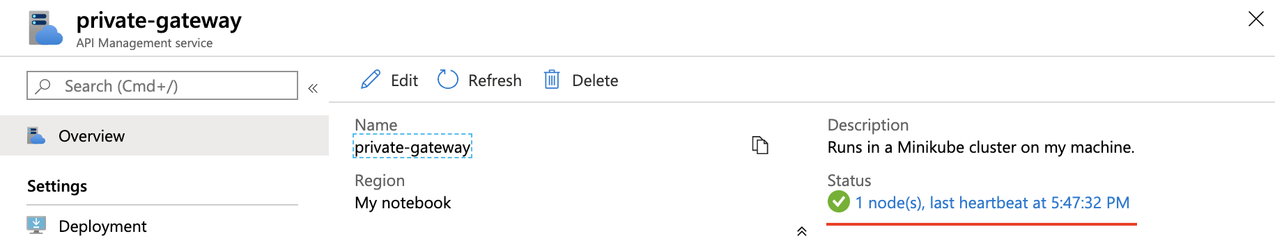 显示门户中自托管网关状态的屏幕截图。