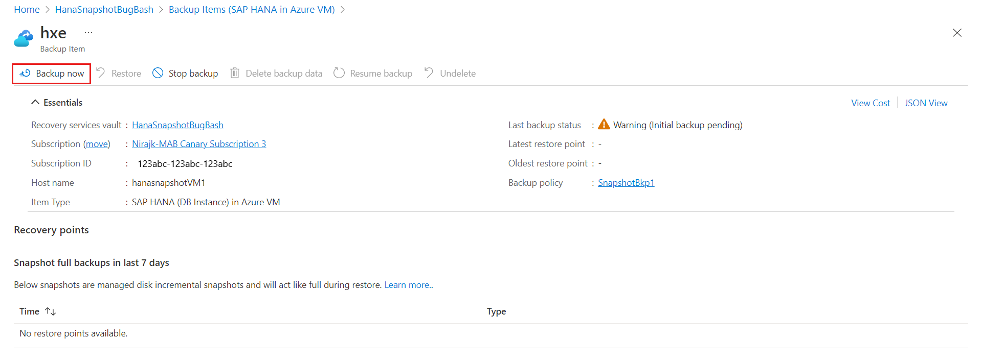 Screenshot 显示用于启动 HANA 数据库快照实例备份的“立即备份”按钮。