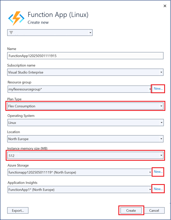 “函数应用创建新”对话框的屏幕截图。填写名称、订阅、资源组、计划和其他设置的字段。