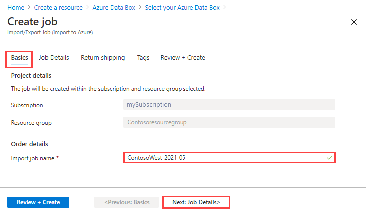 显示 Azure Data Box 中导入作业的“基本信息”选项卡的屏幕截图。“基本信息”选项卡、“导入作业名称”文本框和“下一步：作业详细信息”按钮突出显示。