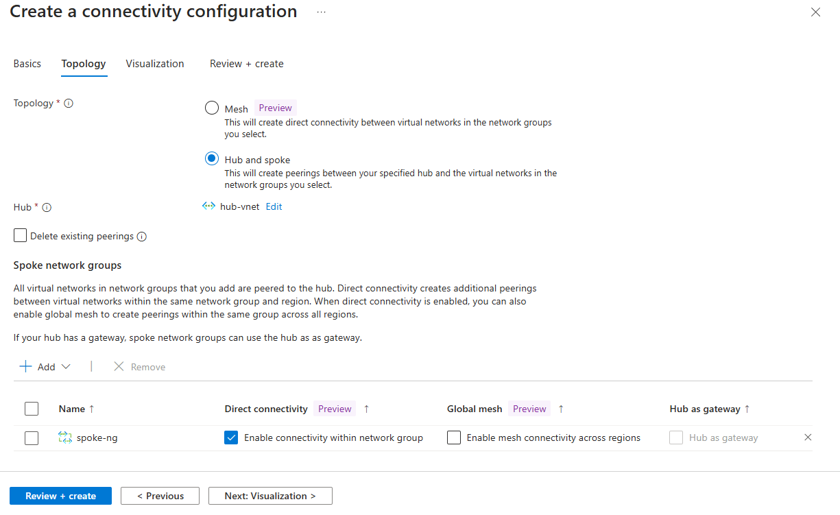 为中心和分支创建连接性配置的屏幕截图，其中使用了直接连接。