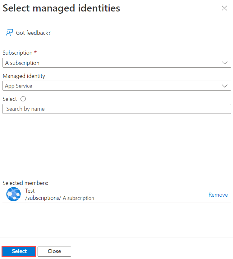 Screenshot，显示选择的托管标识页.