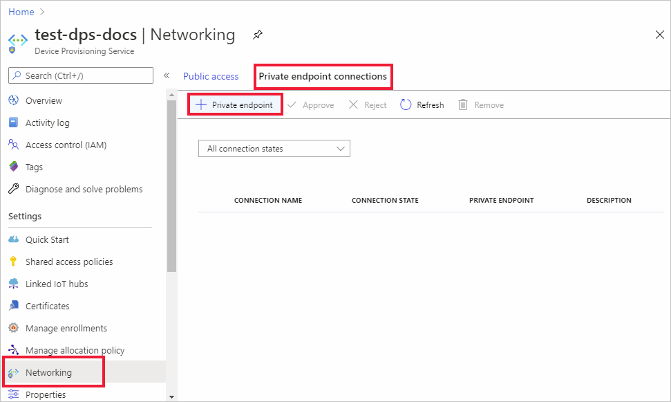 显示在 Azure 门户中为 DPS 实例添加新专用终结点的屏幕截图。