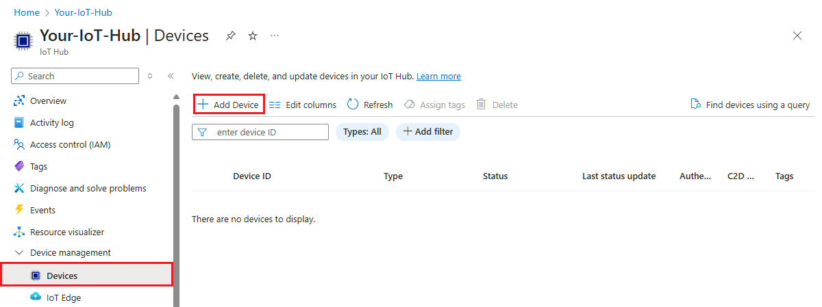 显示在 Azure 门户中添加新设备的屏幕截图。