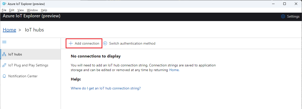 显示在 Azure IoT 资源管理器中添加 IoT 中心连接的屏幕截图。