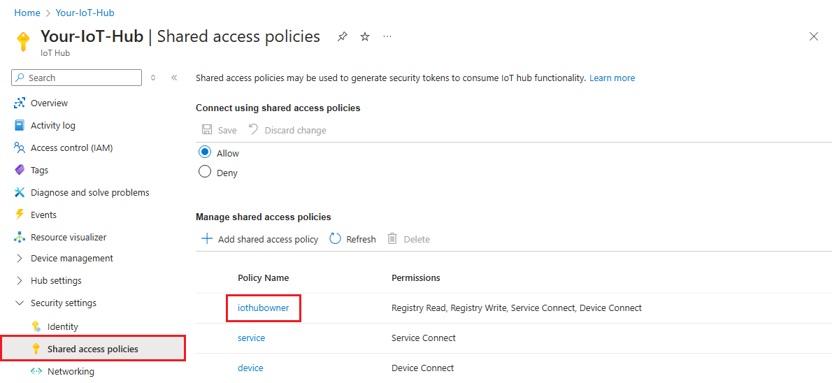 显示如何在 Azure 门户中选择 iothubowner 共享访问策略的屏幕截图。