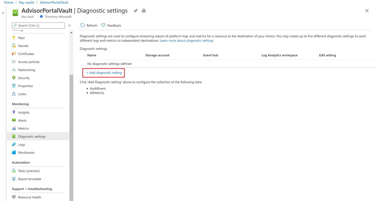 显示添加诊断设置的屏幕截图。