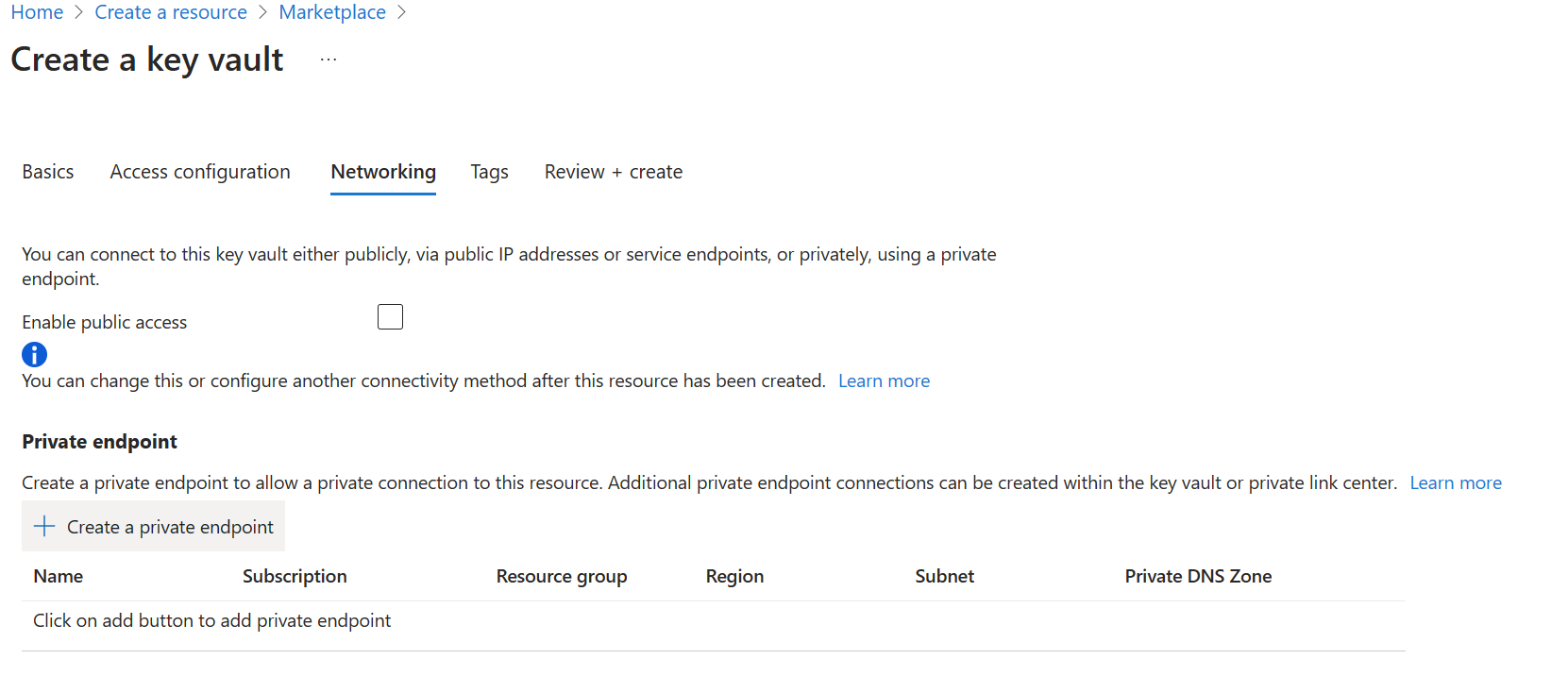 显示“创建密钥保管库”页面上的“网络”选项卡的屏幕截图。