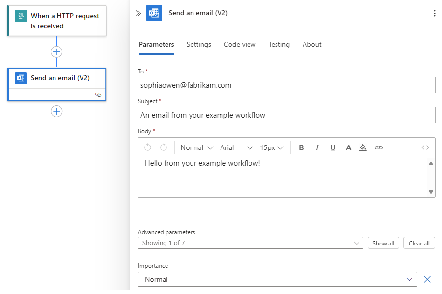 屏幕截图显示了设计器、名为“发送电子邮件(V2)”的操作，以及包含名为“参数”的选定选项卡的操作信息窗格。