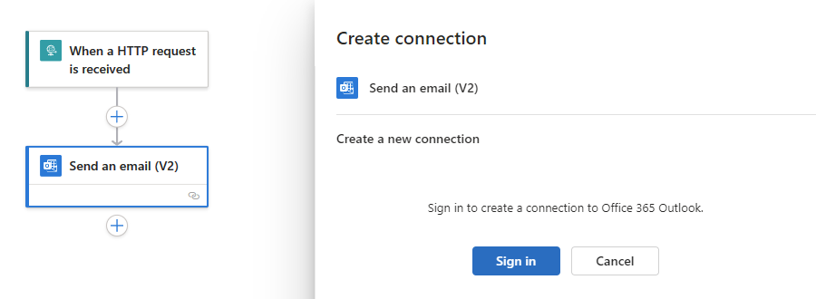 屏幕截图显示了工作流设计器、名为“发送电子邮件(V2)”的操作，以及包含“登录”按钮的操作窗格。