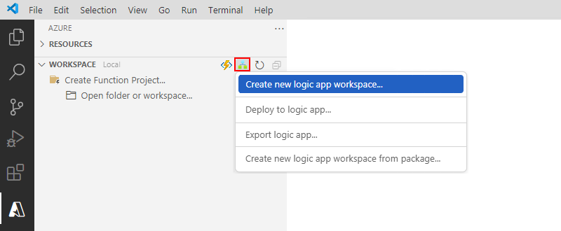 屏幕截图显示 Azure 窗格、工作区工具栏、Azure 逻辑应用菜单和所选项“创建新逻辑应用工作区”。
