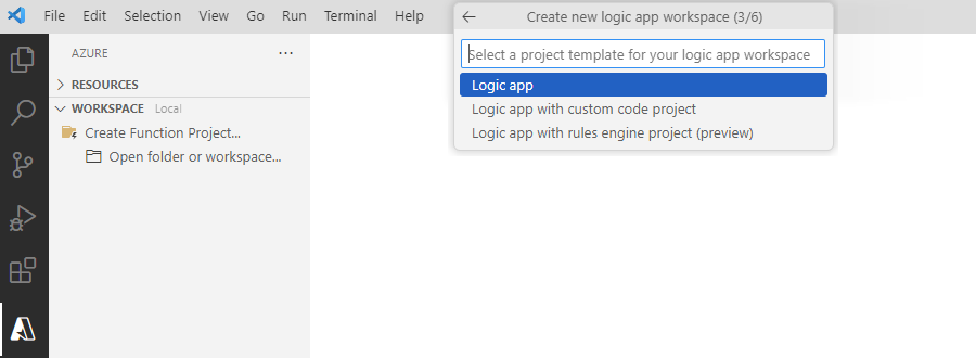 屏幕截图显示提示选择具有逻辑应用的所选选项的项目模板。