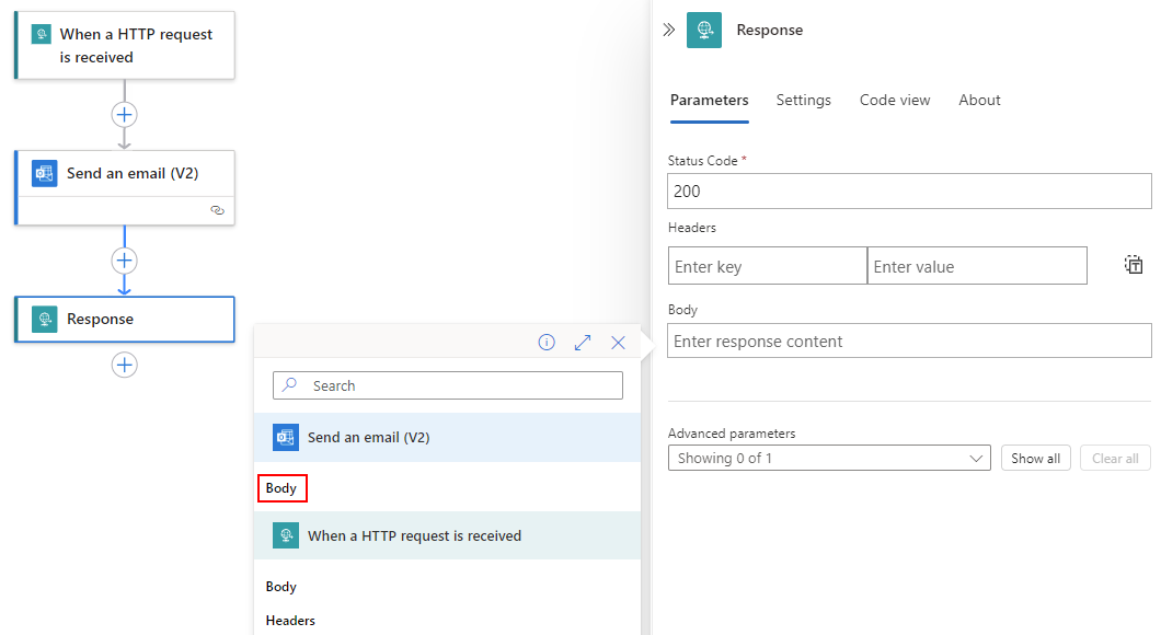 屏幕截图显示了动态内容列表已打开，在“发送电子邮件”标头下已选择“正文输出”值。