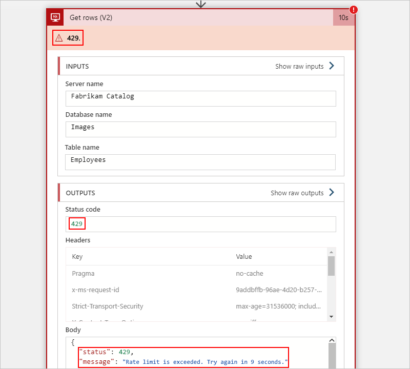 截图显示了一个带有 429 错误的 SQL Server 动作的 Consumption 工作流。