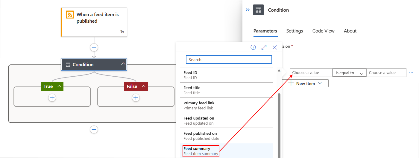 屏幕截图显示了 Azure 门户、标准工作流设计器、RSS 触发器和条件动作及条件构建。
