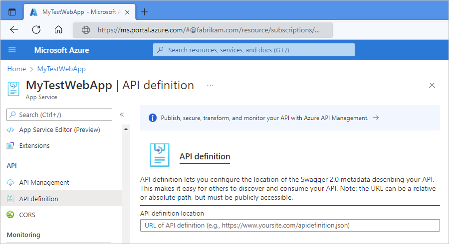 屏幕截图显示了 Azure 门户、Web 应用的 API 定义页和 API Swagger 文档的 URL。