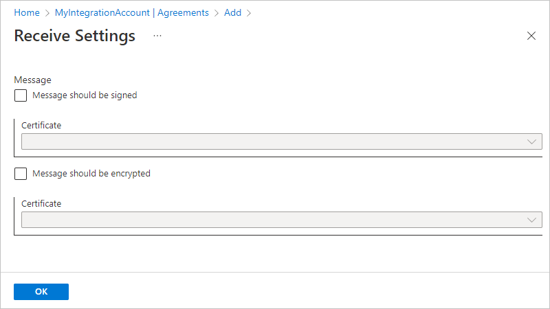 屏幕截图显示了“接收设置”窗格，其中包含用于签名和加密消息和输入证书的选项。