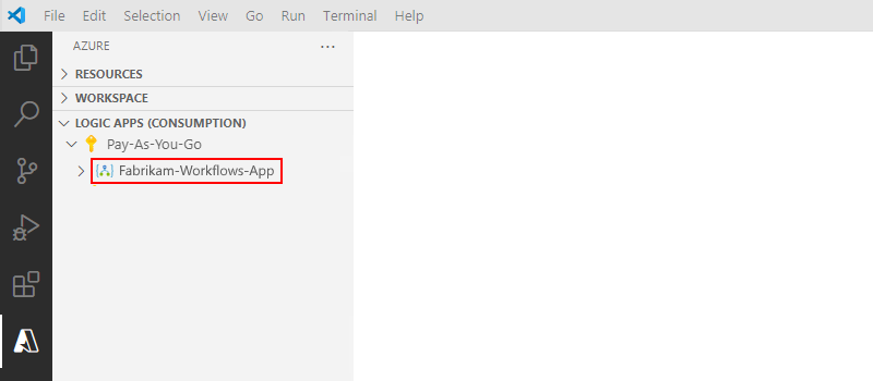 屏幕截图显示了 Visual Studio Code 中的“资源”部分以及已部署的“消耗逻辑应用”资源。