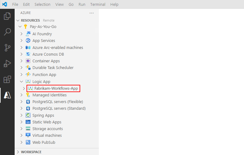 屏幕截图显示了 Visual Studio Code“资源”部分和已部署的标准逻辑应用资源。