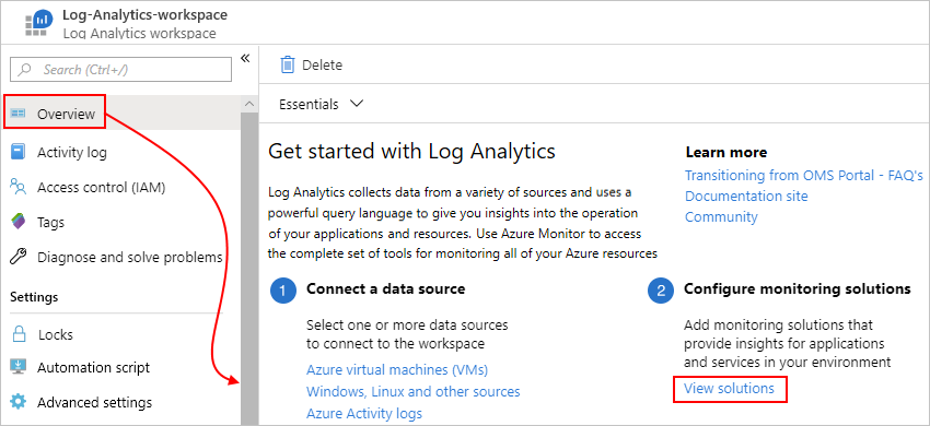 屏幕截图显示了工作区的“概述”页，可在其中选择“查看解决方案”。